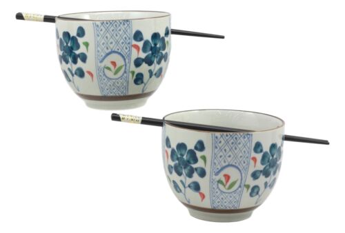 Japanese Design Ceramic Indigo Blossoms Ramen Noodles Bowl & Chopsticks Set Of 2