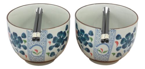 Japanese Design Ceramic Indigo Blossoms Ramen Noodles Bowl & Chopsticks Set Of 2