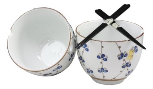 Japanese Design Ceramic String Flowers Ramen Noodles Bowl & Chopsticks Set Of 2