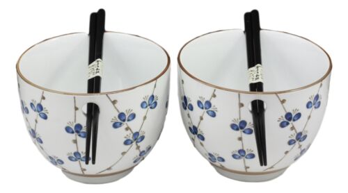 Japanese Design Ceramic String Flowers Ramen Noodles Bowl & Chopsticks Set Of 2