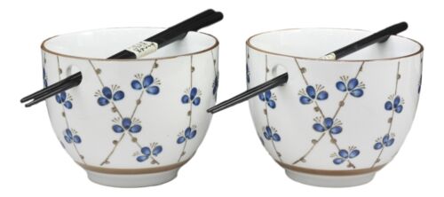 Japanese Design Ceramic String Flowers Ramen Noodles Bowl & Chopsticks Set Of 2