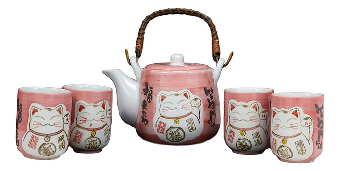 Japanese Design Maneki Neko Lucky Cat Pink 20oz Ceramic Tea Pot And Cups Set