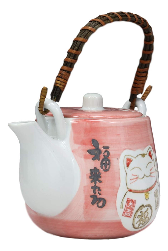 Japanese Design Maneki Neko Lucky Cat Pink 20oz Ceramic Tea Pot And Cups Set
