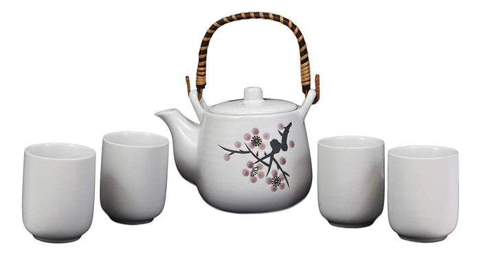 Japanese Design Pink Cherry Blossoms Sakura Porcelain White Tea Pot And Cups Set