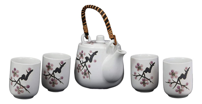 Japanese Design Pink Cherry Blossoms Sakura Porcelain White Tea Pot And Cups Set