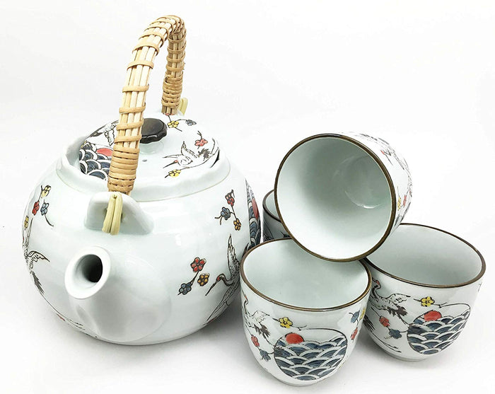 Japanese Design White Stork Bird Flight Ceramic Tea Pot And Cups Set Serves 4