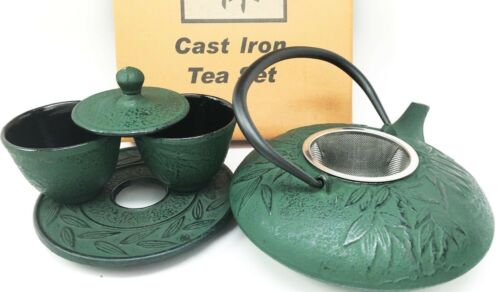 Japanese Evergreen Bamboo Green Heavy Cast Iron Tea Pot With Trivet And 2 Cups