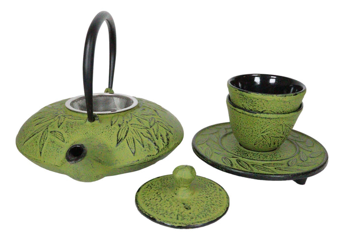 Japanese Evergreen Bamboo Matcha Green Heavy Cast Iron Tea Pot With Trivet And 2 Cups