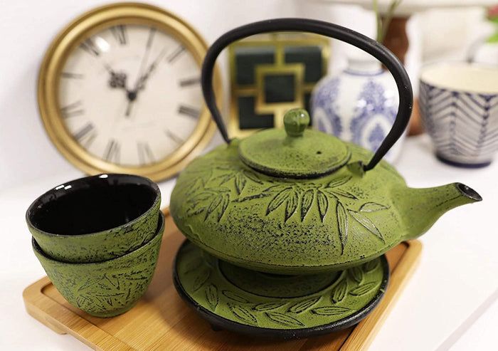 Japanese Evergreen Bamboo Matcha Green Heavy Cast Iron Tea Pot With Trivet And 2 Cups