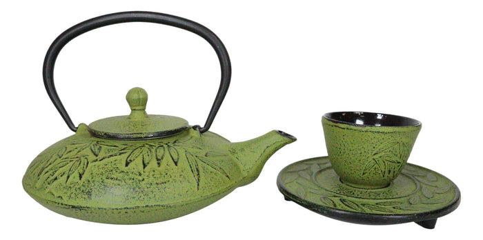 Japanese Evergreen Bamboo Matcha Green Heavy Cast Iron Tea Pot With Trivet And 2 Cups