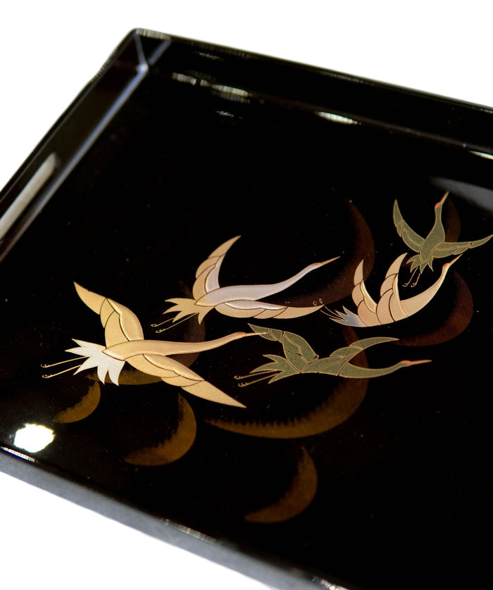 Japanese Flying Cranes 19" By 12" Large Black Lacquer Serving Tray With Handles