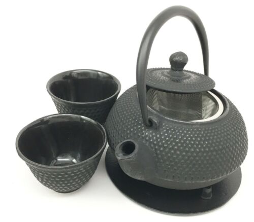 Japanese Imperial Dots Black Cast Iron Teapot Set With Trivet And Cups Serves 2