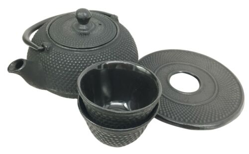Japanese Imperial Dots Black Cast Iron Teapot Set With Trivet And Cups Serves 2