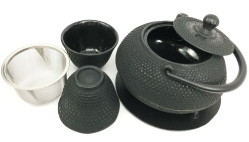 Japanese Imperial Dots Black Cast Iron Teapot Set With Trivet And Cups Serves 2