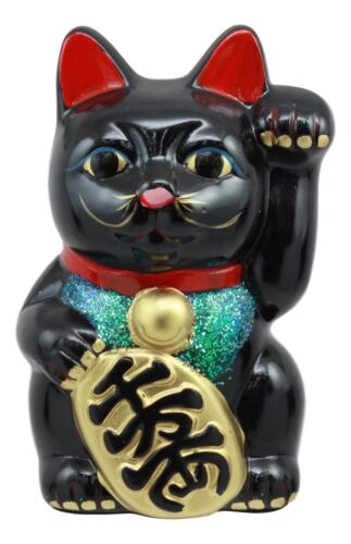 Japanese Luck Fortune Charm Black Beckoning Cat Maneki Neko Money Bank Statue