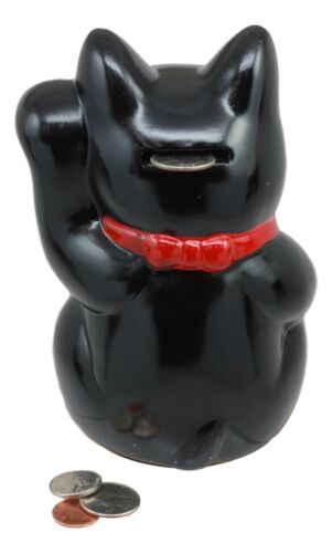 Japanese Luck Fortune Charm Black Beckoning Cat Maneki Neko Money Bank Statue
