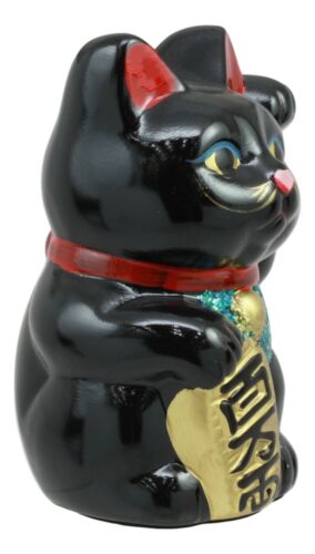 Japanese Luck Fortune Charm Black Beckoning Cat Maneki Neko Money Bank Statue 5"