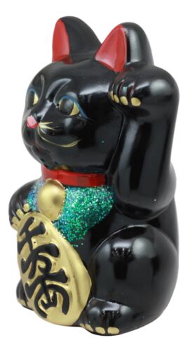 Japanese Luck Fortune Charm Black Beckoning Cat Maneki Neko Money Bank Statue