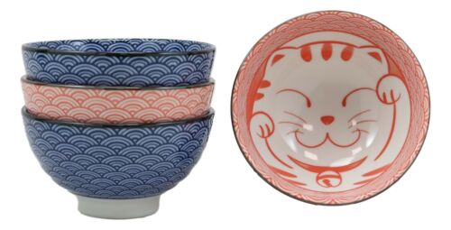 Japanese Lucky Cat Maneki Neko 4.5"D 11oz Colorful Porcelain Rice Bowls Set Of 4