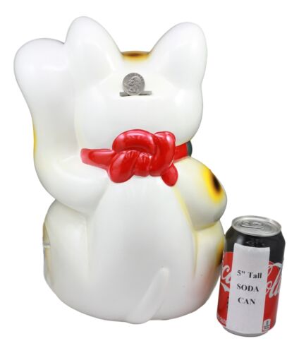 Japanese Lucky Charm White Beckoning Cat Maneki Neko Money Bank Statue 12.5"H