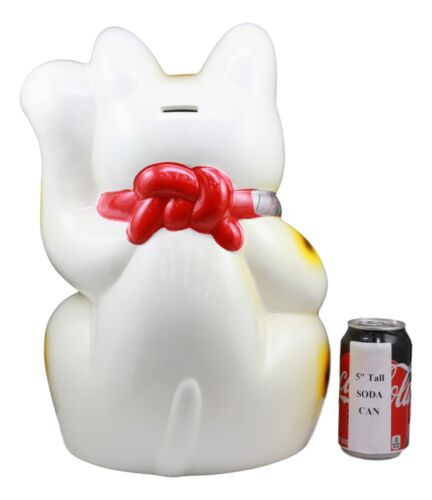 Japanese Lucky Charm White Beckoning Cat Maneki Neko Money Bank Statue 15.5"H