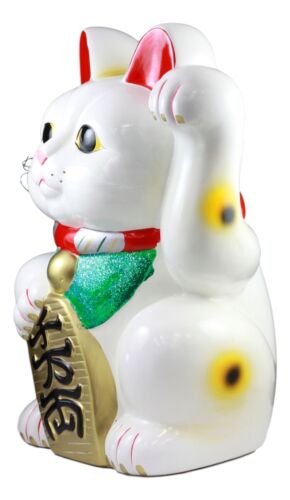 Japanese Lucky Charm White Beckoning Cat Maneki Neko Money Bank Statue 18.25"H