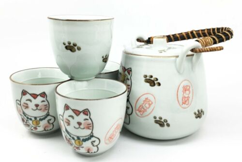 Japanese Maneki Neko Ceramic Tea Set Pot And Cups Lucky Charm Cat Serves 4