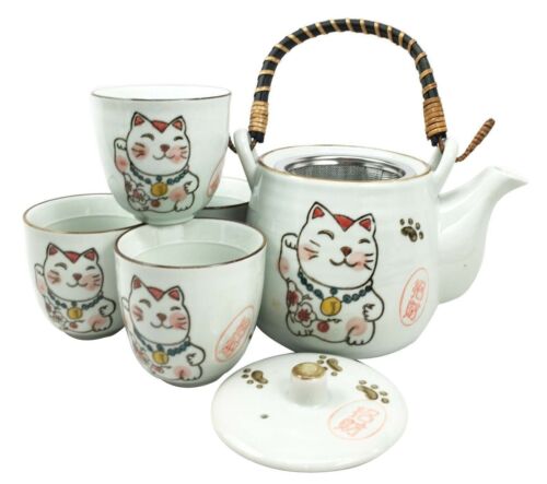 Japanese Maneki Neko Ceramic Tea Set Pot And Cups Lucky Charm Cat Serves 4