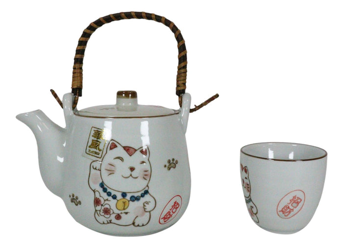 Japanese Maneki Neko Ceramic Tea Set Pot And Cups Lucky Charm Cat Serves 4