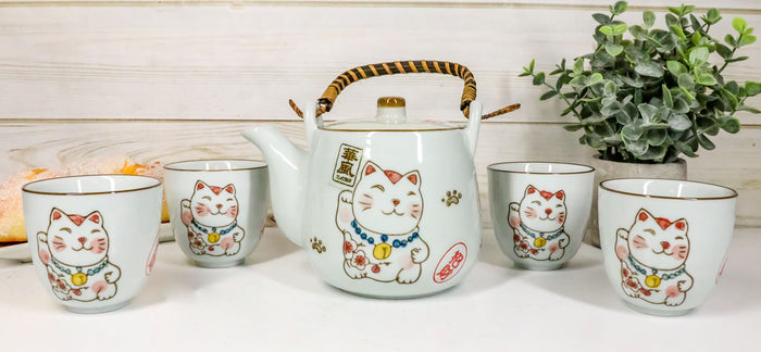 Japanese Maneki Neko Ceramic Tea Set Pot and Cups Lucky Charm Cat Serves 4
