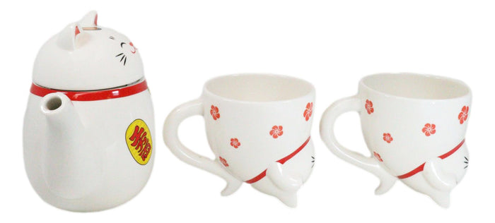 Japanese Maneki Neko Lucky Beckoning Cat Ceramic Tea Pot And 2 Teacup Mugs Set