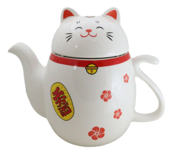 Japanese Maneki Neko Lucky Beckoning Cat Ceramic Tea Pot With Metal Strainer Japanese Maneki Neko Lucky Beckoning Cat Ceramic Tea Pot With Metal Strainer