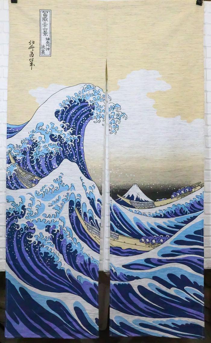Japanese Noren Curtain Tapestry The Great Wave Off Kanagawa Mount Fuji Beige