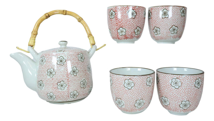 Japanese Red Cherry Blossom 20oz Ceramic Tea Pot And Cups Set Serves 4 People