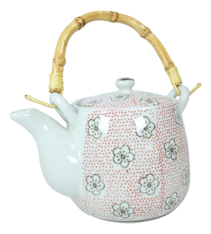 Japanese Red Cherry Blossom 20oz Ceramic Tea Pot And Cups Set Serves 4 People