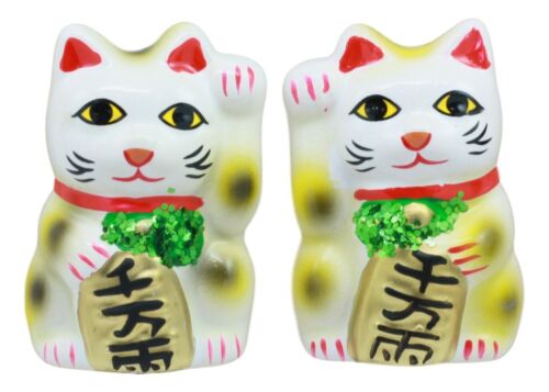 Japanese Right And Left Paws Beckoning Cat Maneki Neko Ceramic Figurine Set Of 2