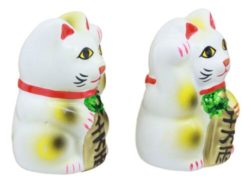 Japanese Right And Left Paws Beckoning Cat Maneki Neko Ceramic Figurine Set Of 2