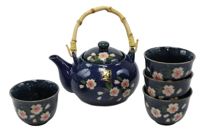 Japanese Sakura Cherry Blossom Flowers Navy Blue Ceramic Tea Pot With 4 Cups Set