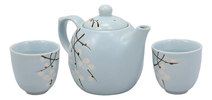 Japanese Sakura Pastel Sky Blue Cherry Blossom Porcelain 20oz Tea Pot And 2 Cups