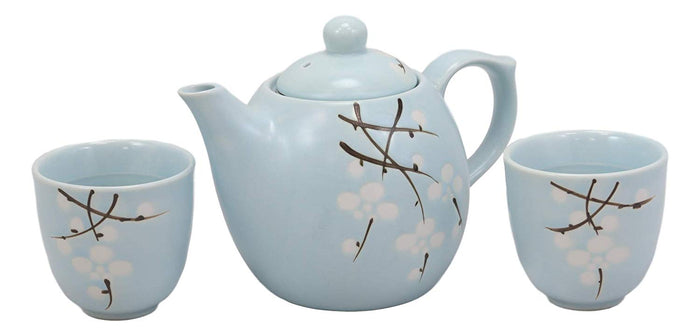 Japanese Sakura Pastel Sky Blue Cherry Blossom Porcelain 20oz Tea Pot And 2 Cups