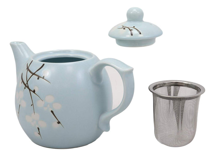 Japanese Sakura Pastel Sky Blue Cherry Blossom Porcelain 20oz Tea Pot And 2 Cups