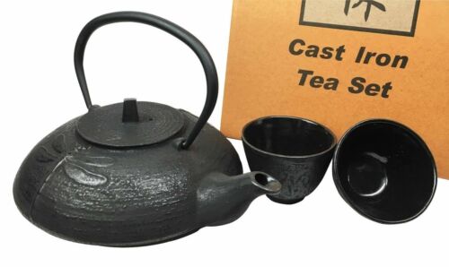 Japanese Tombo Dragonfly Black Heavy Cast Iron Tea Pot And Two Cups Set Asian