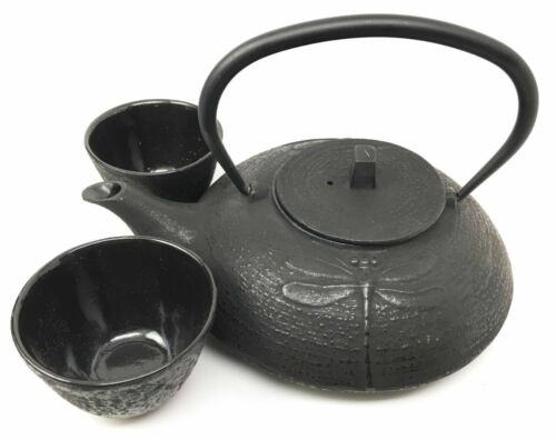 Japanese Tombo Dragonfly Black Heavy Cast Iron Tea Pot And Two Cups Set Asian