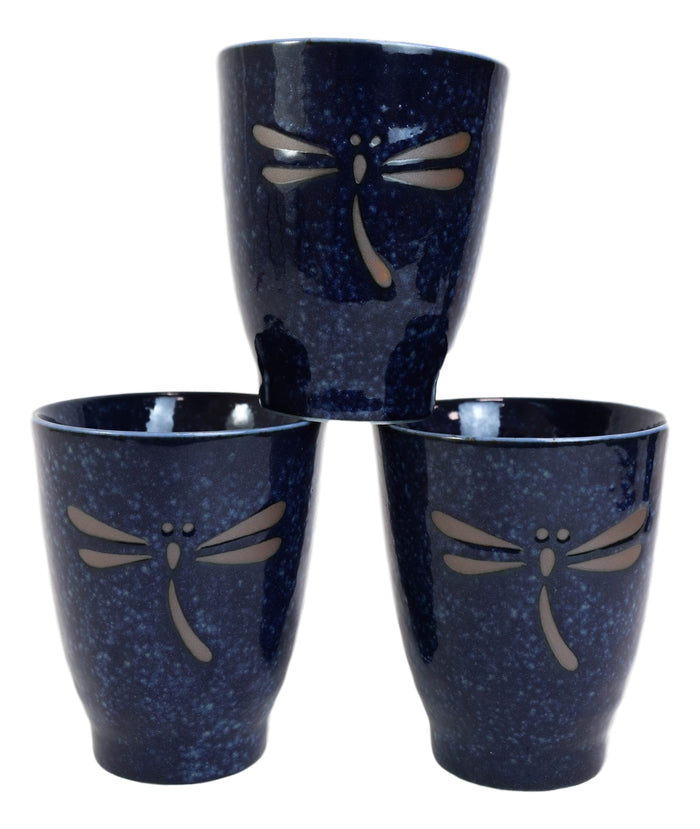Japanese Zen Dragonfly Speckled Blue Porcelain 10oz Coffee Tea Cups Set Of 4