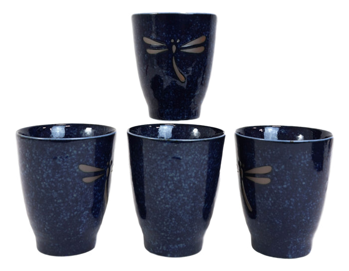 Japanese Zen Dragonfly Speckled Blue Porcelain 10oz Coffee Tea Cups Set Of 4