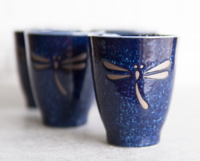 Japanese Zen Dragonfly Speckled Blue Porcelain 10oz Coffee Tea Cups Set of 4 Japanese Zen Dragonfly Speckled Blue Porcelain 10oz Coffee Tea Cups Set of 4