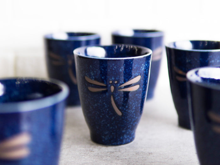 Japanese Zen Dragonfly Speckled Blue Porcelain 10oz Coffee Tea Cups Set of 6 Japanese Zen Dragonfly Speckled Blue Porcelain 10oz Coffee Tea Cups Set of 6