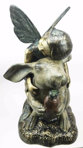 Joyful Girl Fairy With Whimsical Rabbit In Wonderland Statue Elegant Home Garden