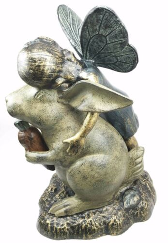 Joyful Girl Fairy With Whimsical Rabbit In Wonderland Statue Elegant Home Garden