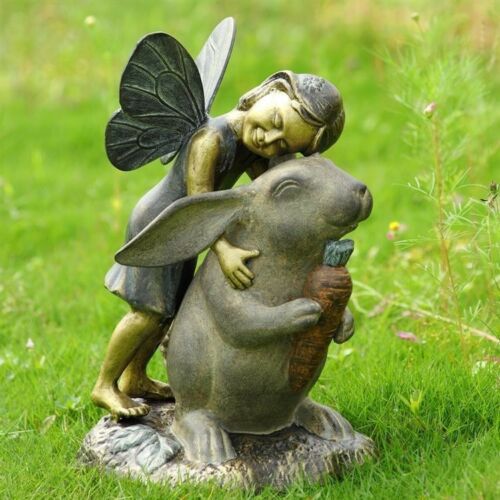 Joyful Girl Fairy With Whimsical Rabbit In Wonderland Statue Elegant Home Garden